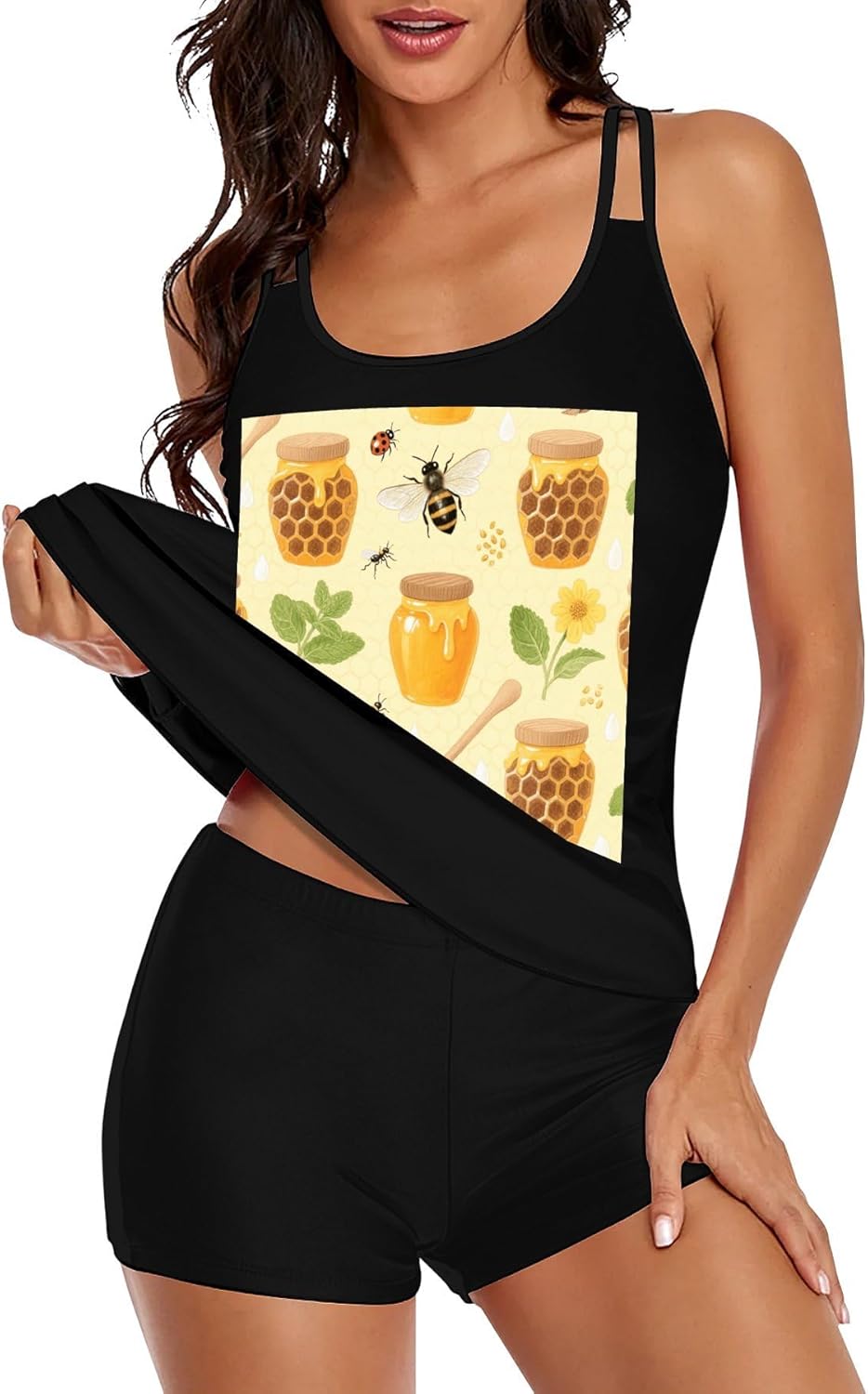 Bees and Honey Tankini Swimsuits for Women Tummy Control Two Piece Bathing Suits Swim Tops with Boy Shorts