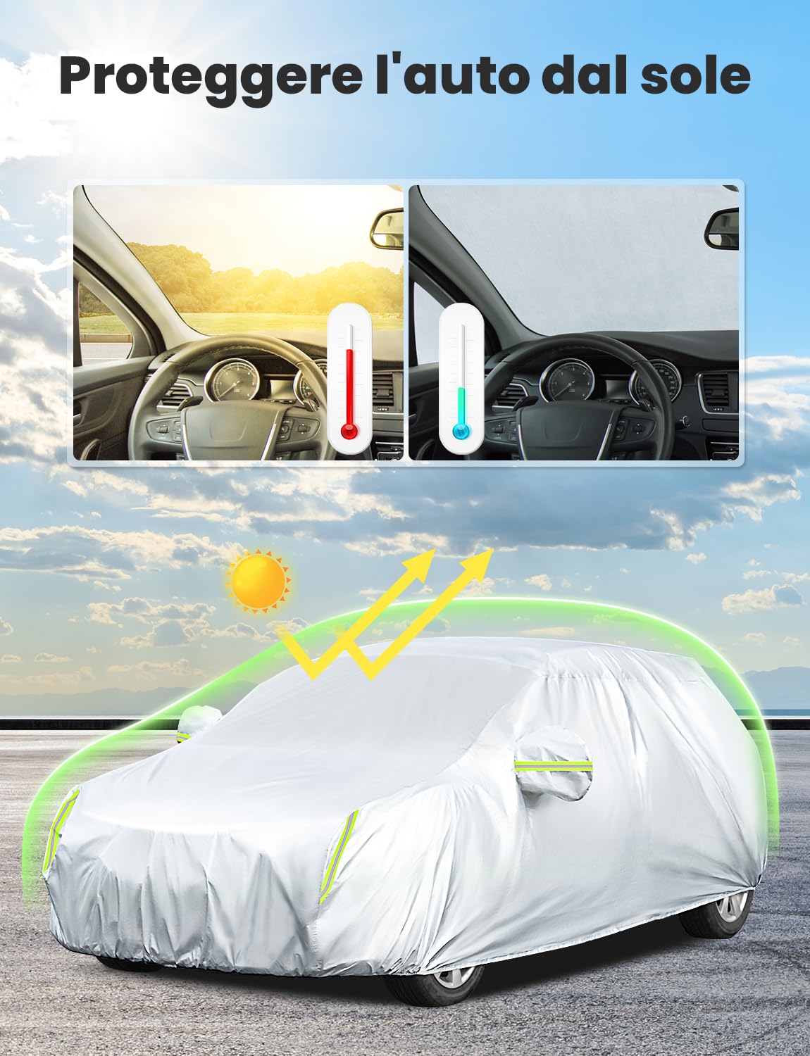 LOETAD Telo Copriauto, Felpato Impermeabile Antipolvere Anti UV Anti Vento 435 x 180 x 160cm Telo per Auto a 2 Volumi Universale Interno in Cotone - Argento