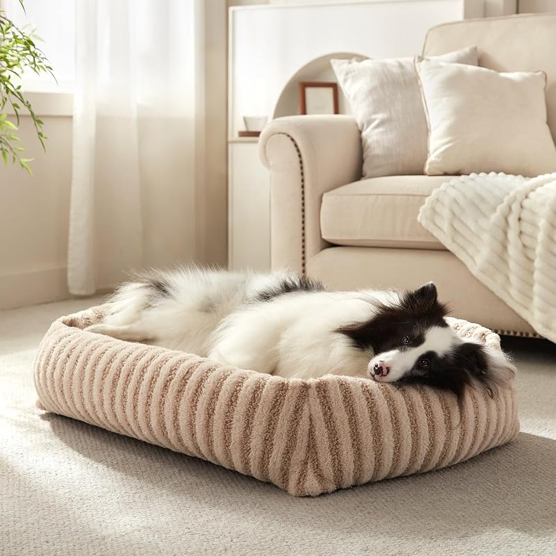 Cama retangular para cães MIXJOY com capa removível, pelúcia macia e base antiderrapante, Bege, 76,2 x 61 x 20,32 cm