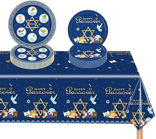 Vajilla de papel desechable de Pascua para 16 platos de seder de Pascua (7 y 9 pulgadas), manteles para decoración de suministros de fiesta