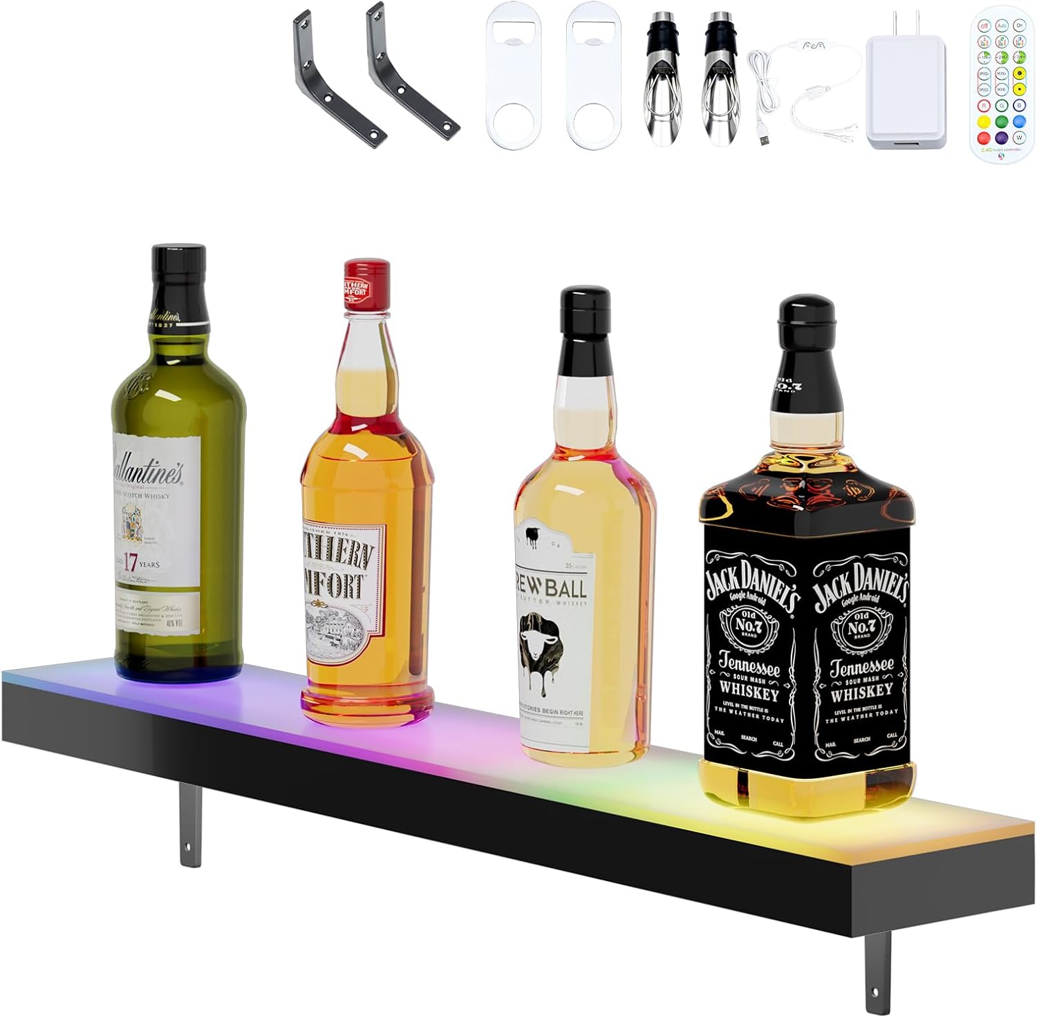 Dethan 1 Tier 24 Inch Liquor Bottle Display Shelf – Wall-Mounted Acrylic Wine Rack for Home Bar, Kitchen, or Restaurant Use – Modern Alcohol Bottle Organizer for Counter or Wall