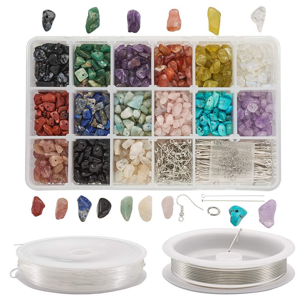 Craftdady 900pcs 15 Styles Natural & Synthetic Gemstone Chip Beads for Jewelry Making, with 50pcs Earring Hooks, 100pcs Pins, 50pcs Jump Rings, 2Rolls Beading Wires