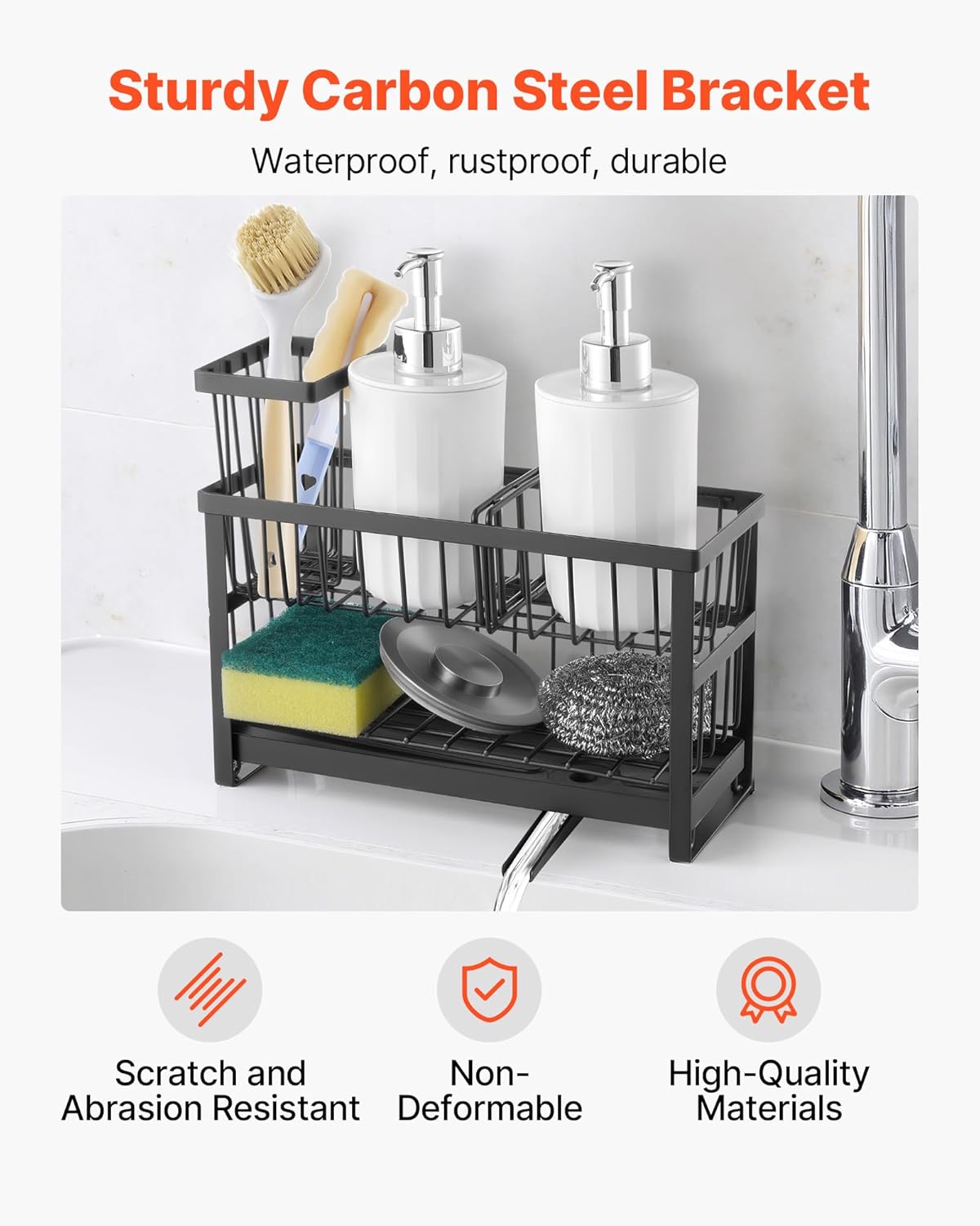 VEVOR Kitchen Sink Caddy Organizer, 2 Tier Sponge Holder for Kitchen Sink with High Brush Holder & Divider, Storage Rack with Rotatable Drainage Spout, Countertop Organizers and Storage Essentials