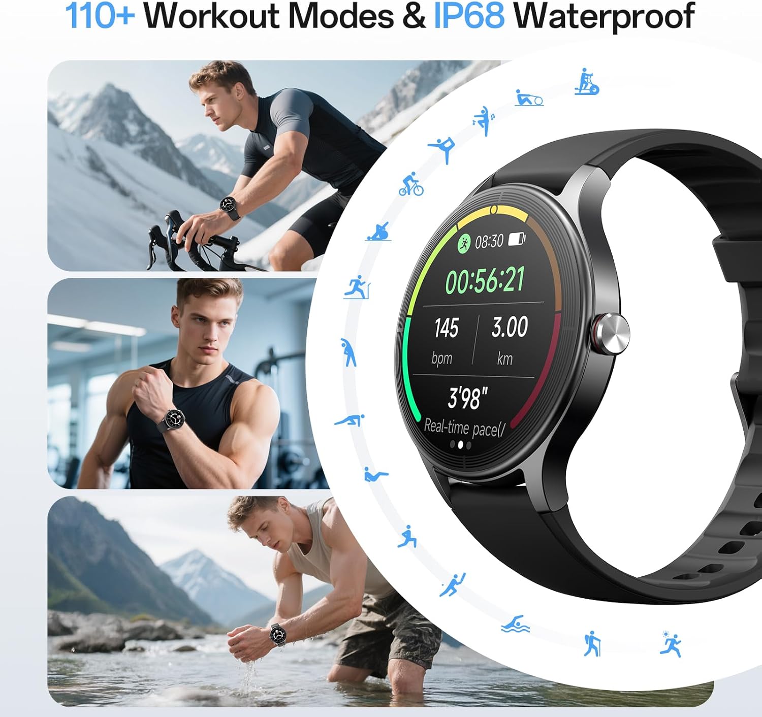Woneligo Smart Watches for Men,1.57" HD Touchscreen with Bluetooth Calls (Make/Answer),110+ Sport Modes IP68 Waterproof Fitness Tracker with Heart Rate/Sp02/Sleep Monitor(Black, 1.57)