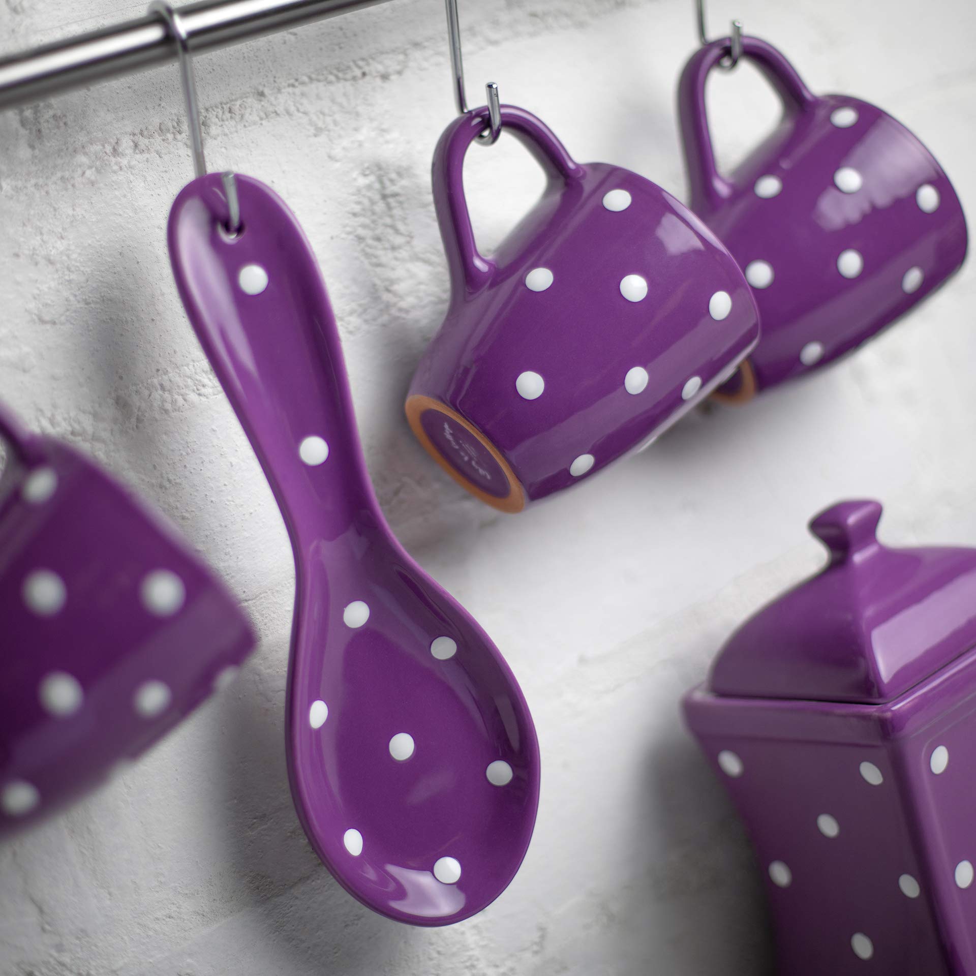 Repose-Cuillère En Céramique Fait Main - Motif Violet à Pois Blancs - City To Cottage - Qualité Alimentaire, Lavable Lave-Vaisselle - 9