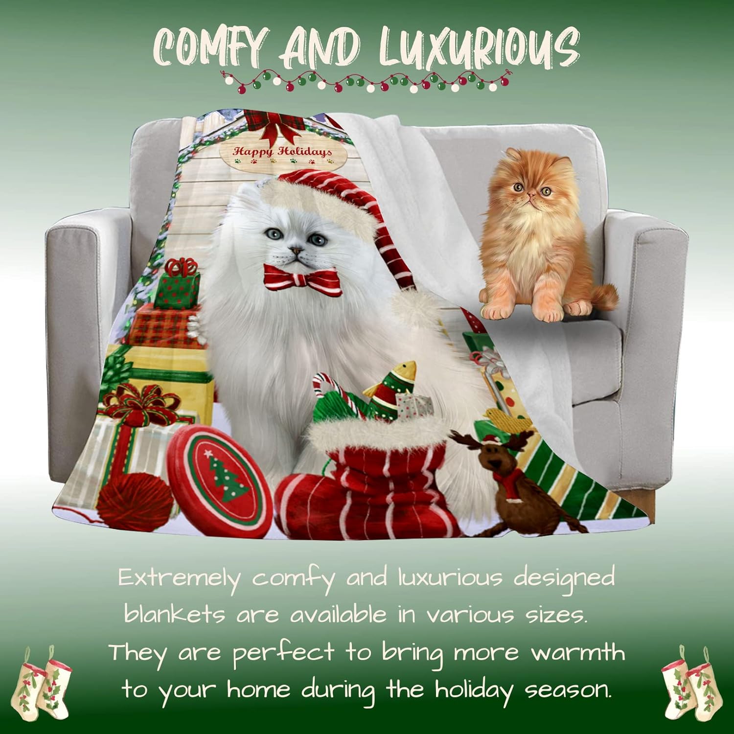 Doggie of the Day Persian Cat Blanket - Christmas House with Presents - Super Soft & Warm Pet Theme for Sofa or Bed, Warm Fleece, Sherpa or Woven Material, BLNKT66911 (60x80 Fleece)