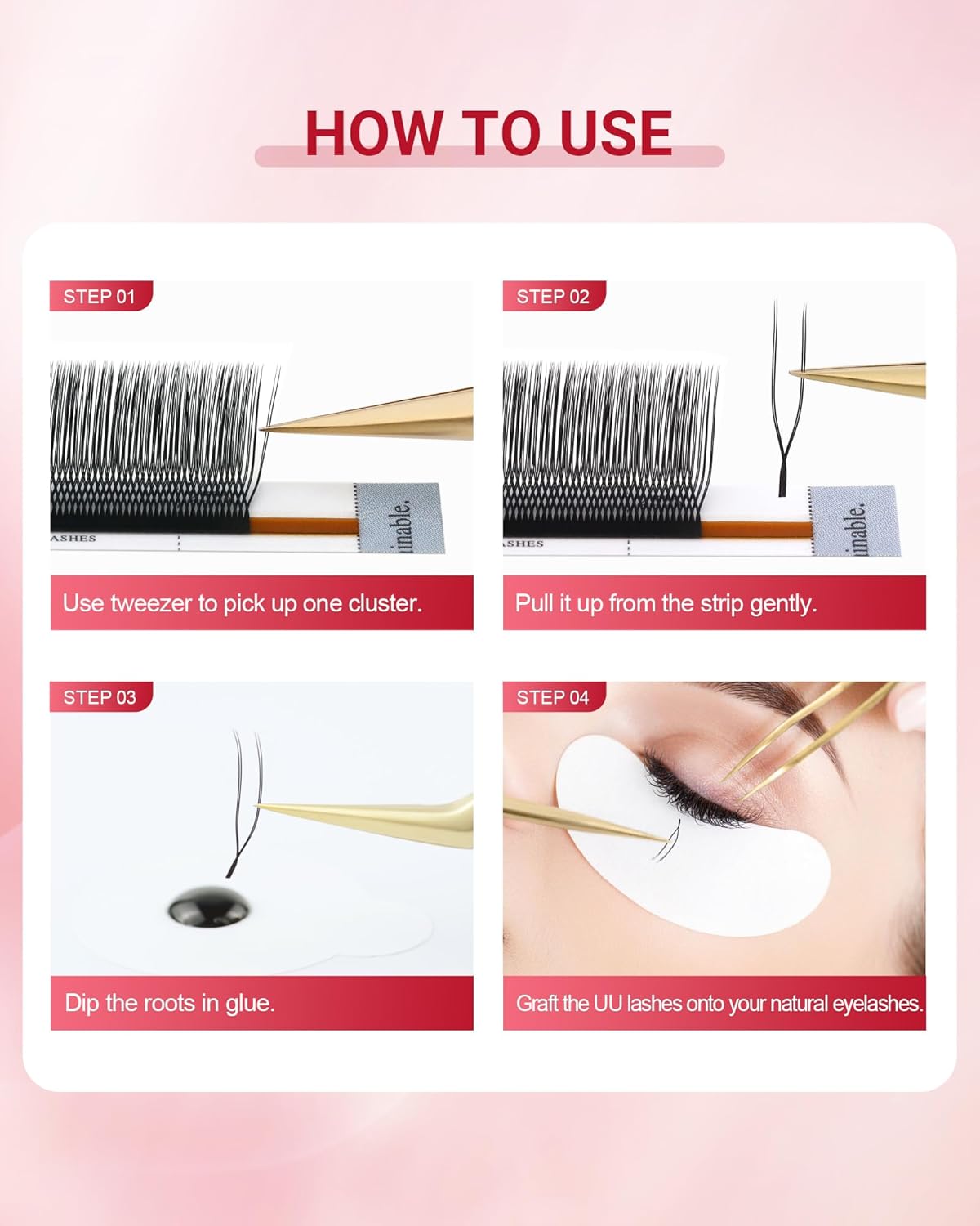 NAGARAKU U Eyelash Extensions Supplies 2D UU Lash, 5 Trays in 1 Pack Easy Fan Russian Volume Crisscross Eyelashes Handwoven U Shaped Mesh Wispy Clusters 12 Rows Eye Lashes Black - 0.07C Curl 8-15 Mix