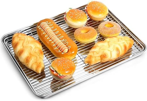 Miniatura 7 de Juego de 4 bandejas para hornear con estante de refrigeración, no tóxica, resistente y fácil de limpiar, tamaño de 17 pulgadas