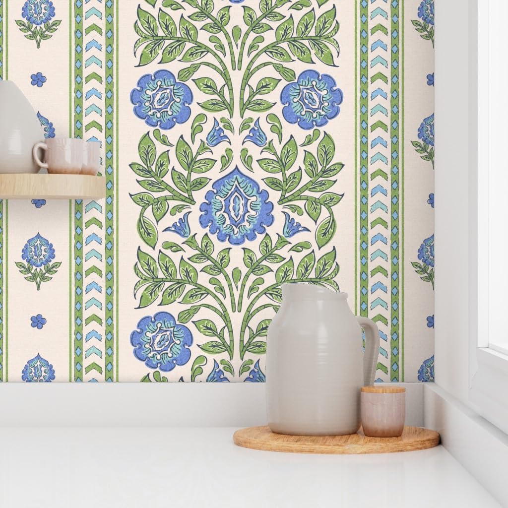 Spoonflower Peel & Stick Wallpaper 12ft x 2ft - Indian Floral Blue Flowers Green Botanical Traditional Large Scale Stamped Stripes Custom Removable Wallpaper