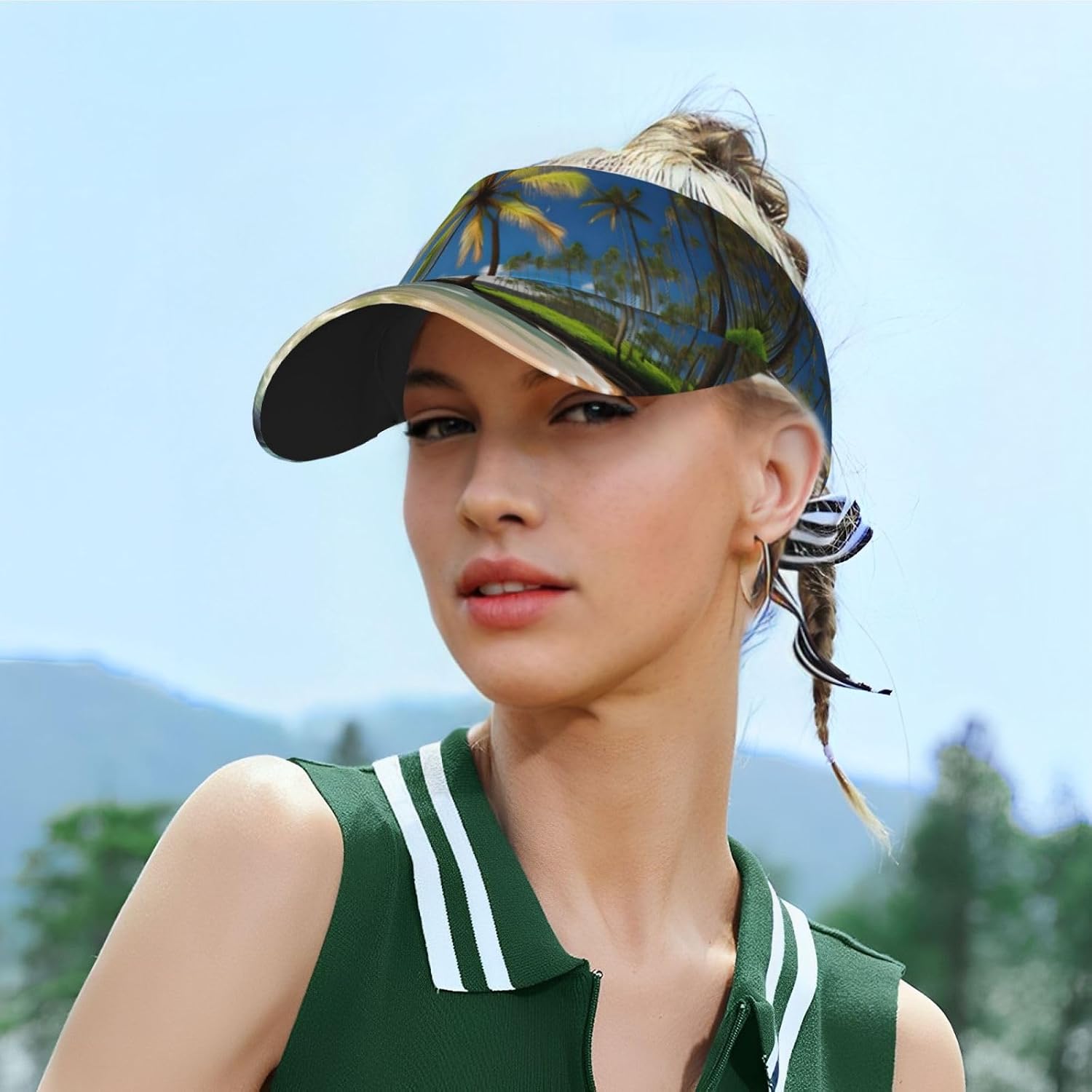 Tropical Palm Tree Hawaii Beach Print Foldable Sun Visor Hat Lightweight Adjustable Sun Visor Hat Outdoor Sports Cap for Adults Black