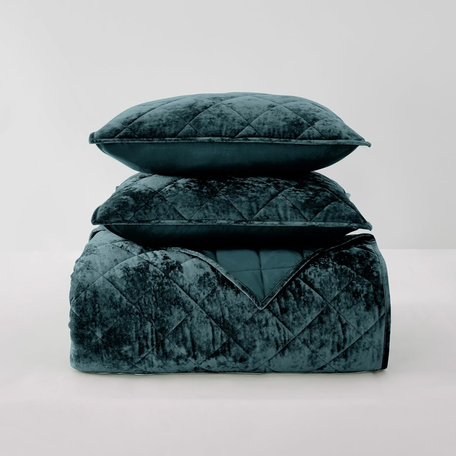 SHALALA Luxury Velvet Quilt Set King Size,Ultra Soft Lightweight Summer Velvet Comforter Set, Oversized Bedspread Coverlet with 2 Shams Diamond Pattern,for All Season(Dark Teal,King)