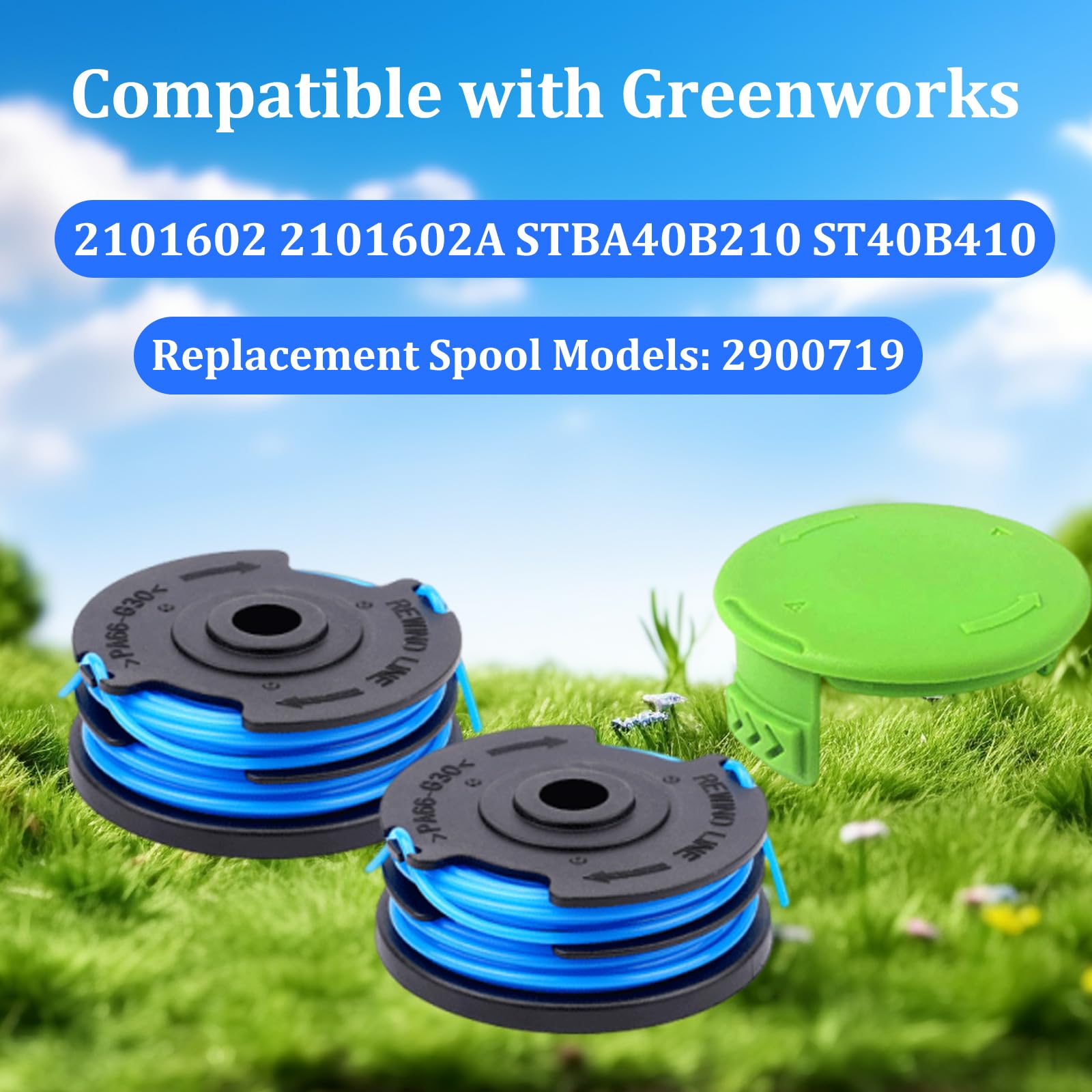 2900719 String Trimmer Spool Line for Greenworks 2101602 2101602A STBA40B210 ST40B410 Lawn Mower, Replacement Strimmer Spool Line for Greenworks (6 Spool+1 Cap)