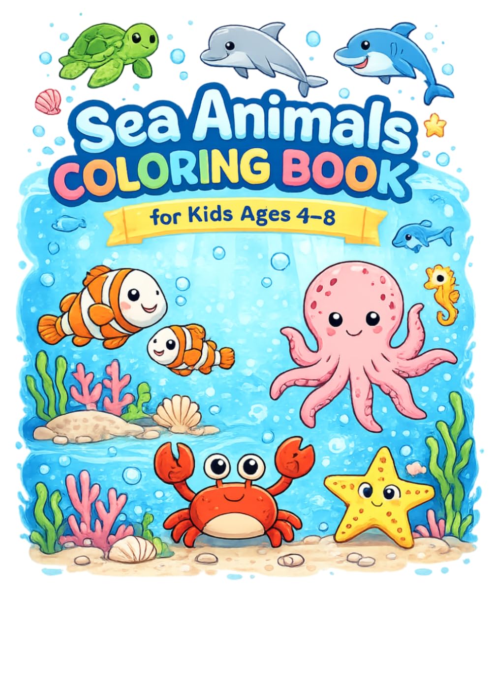 Sea Animals Coloring Book for Kids Ages 4–8: 60 Cute and Easy Ocean Animal Coloring Pages Featuring Fish, Octopus, Crab, Starfish, Seahorse, Turtle, Dolphin, Whale, Shark and More