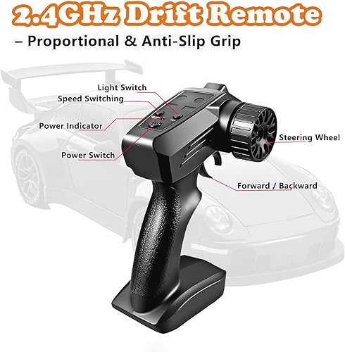 Miniatura 7 de Auto de deriva a control remoto, escala 124 con luces LED, neumáticos de deriva y dos baterías, juguete deportivo de carreras, regalo ideal para