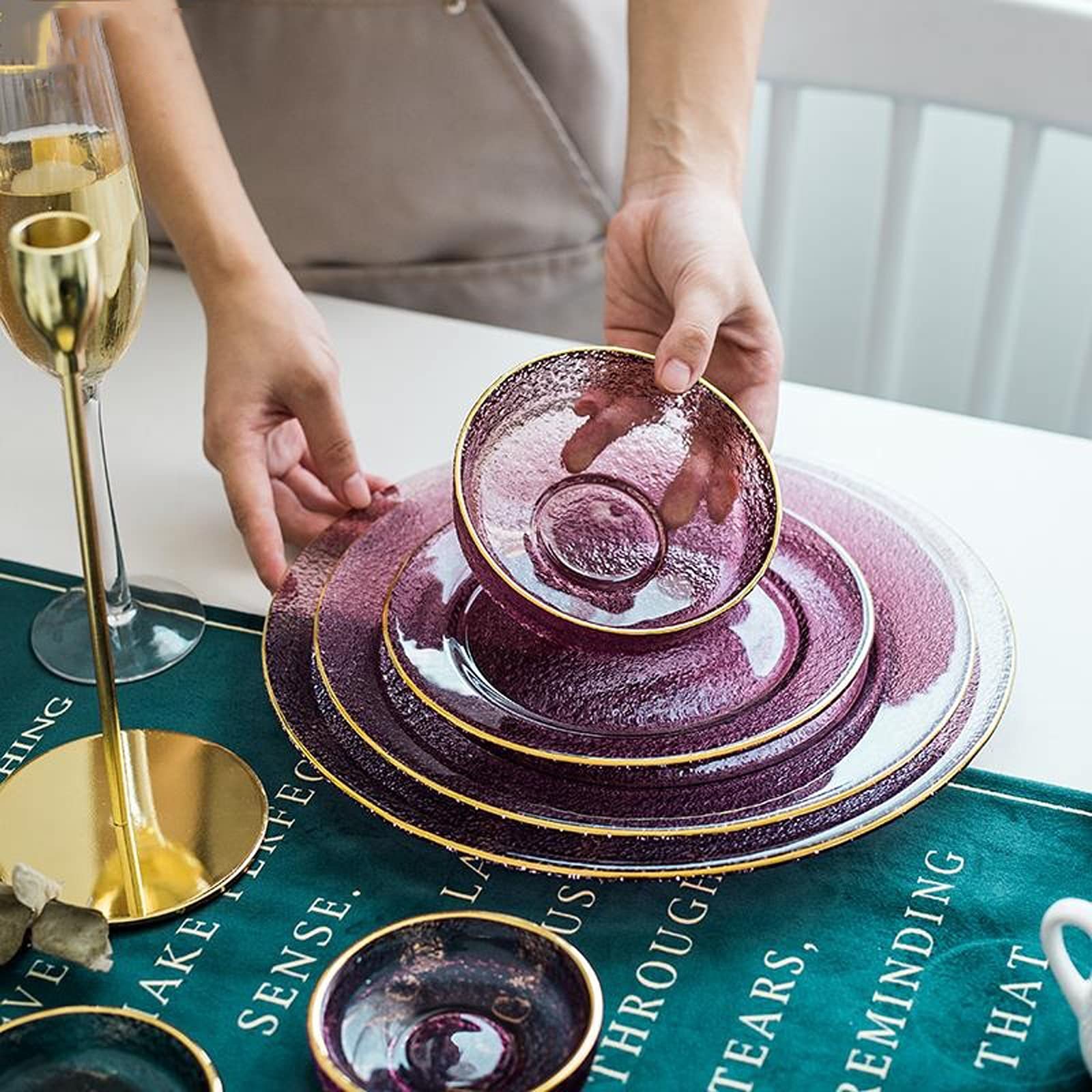 caihuashopping Salaterka szklana Home Dinnerwareround złota krawędź szkło kryształowe ceramika miska do sałatek przezroczysta miska na śniadanie miska na owoce łatwa do czyszczenia (2 sztuki) miska do serwowania