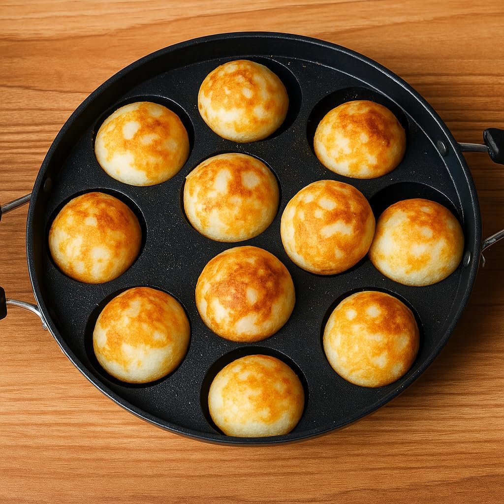 DBY Appam Pan Non Stick Appam Patra 12 Pits Appam Maker Aebleskiver Paniyaram Stuffed Pancakes Poffertjes Pastry Takoyaki Octopus Balls Appachetty with 2 Side Handle And Stainless Steel Lid
