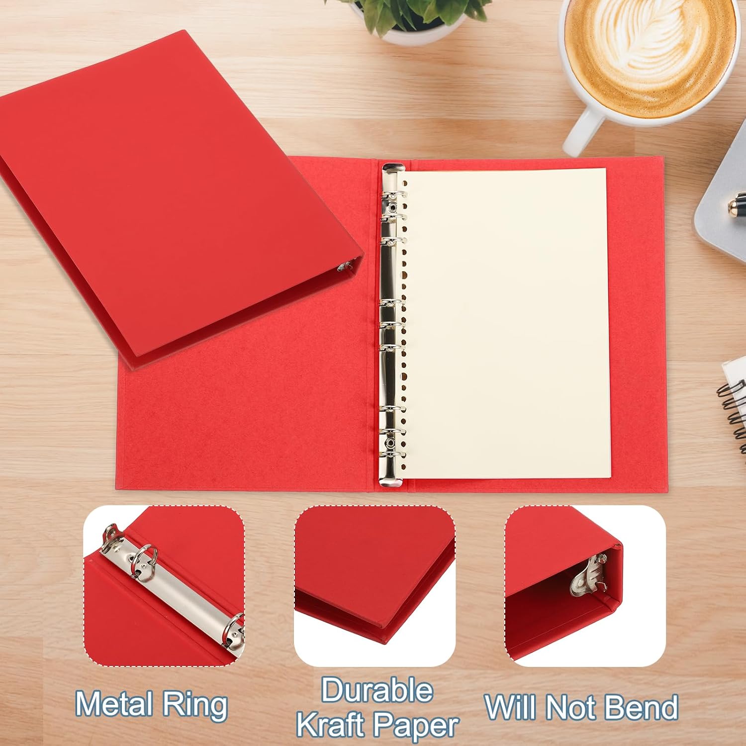 PATIKIL A4 Binder Cover, 2 Pcs 4 Round Ring Binder Protector Kraft Paper Binder Shell Hardcover for Meeting Notebook Folder, Red
