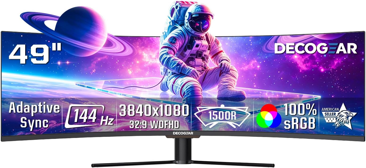Deco Gear 49” Ultrawide Curved Monitor, 144Hz 32:9 Dual FHD 3840×1080, R1500, 3000:1 VA Super Wide Screen, Adaptive Sync, HDR400, USB-C 65W, 3ms, HDMI/DP, PBP/PIP KVM Work Gaming Display, Laptop & PC