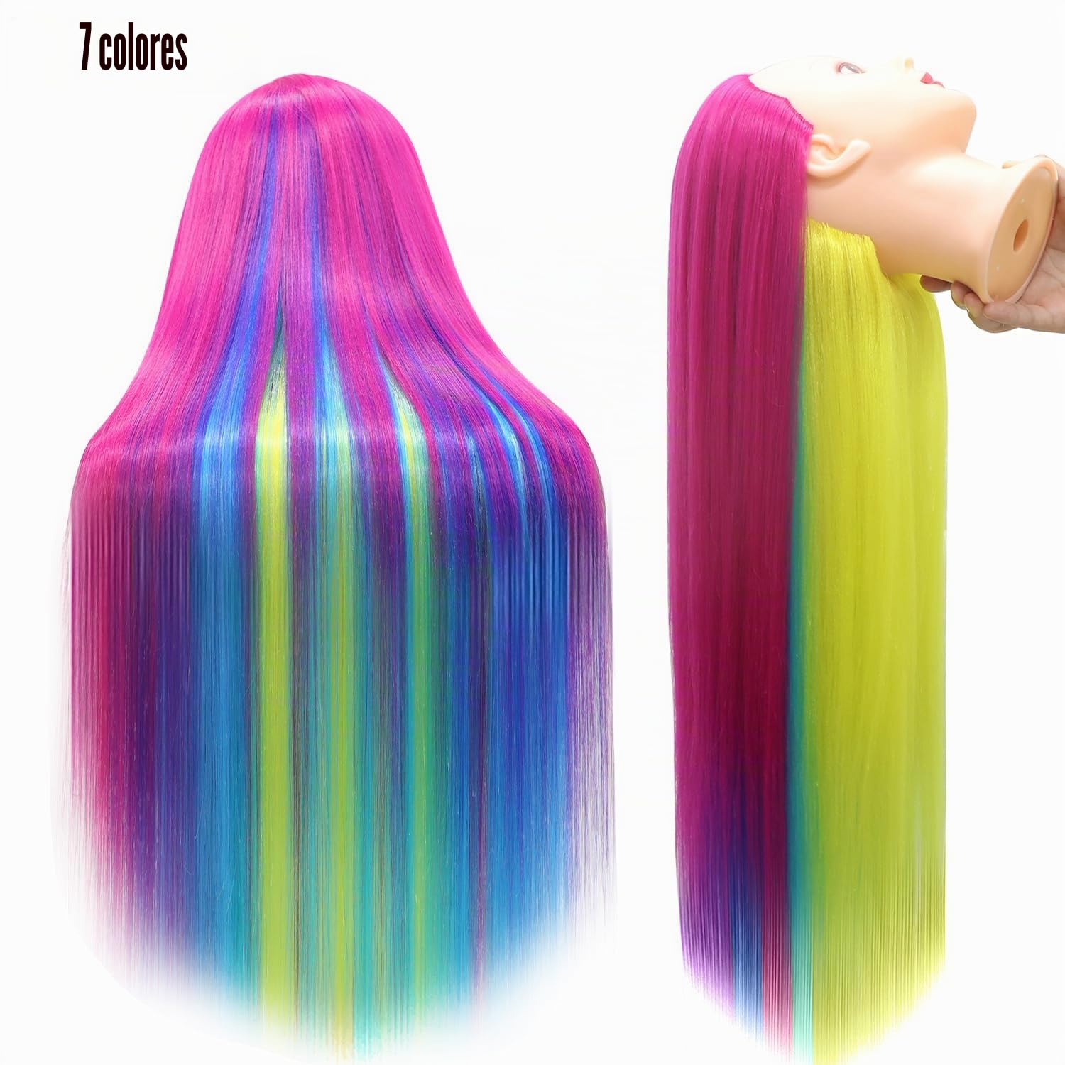 Cabeza Peluqueria, 28 inch 100% Sintético Cabeza Peluqueria Cabeza Maniqui peluqueria con Soporte + Accesorios de Peinado DIY (Iridiscente)