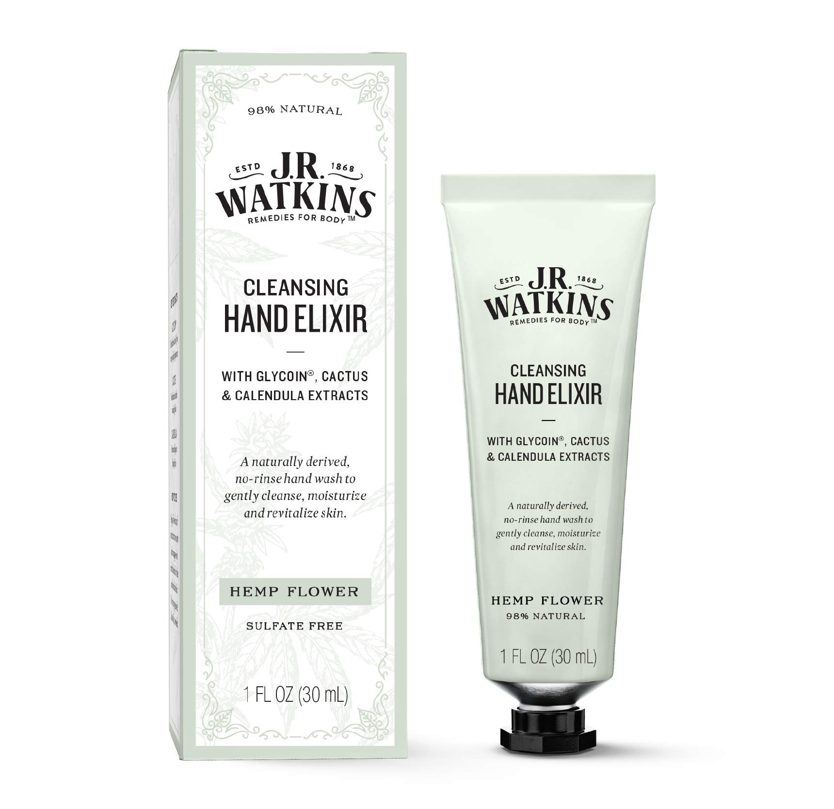 J.R. Watkins Hemp Flower Hand Elixir, No Rinse Waterless Cleansing Hand Wash, Convenient 1 oz