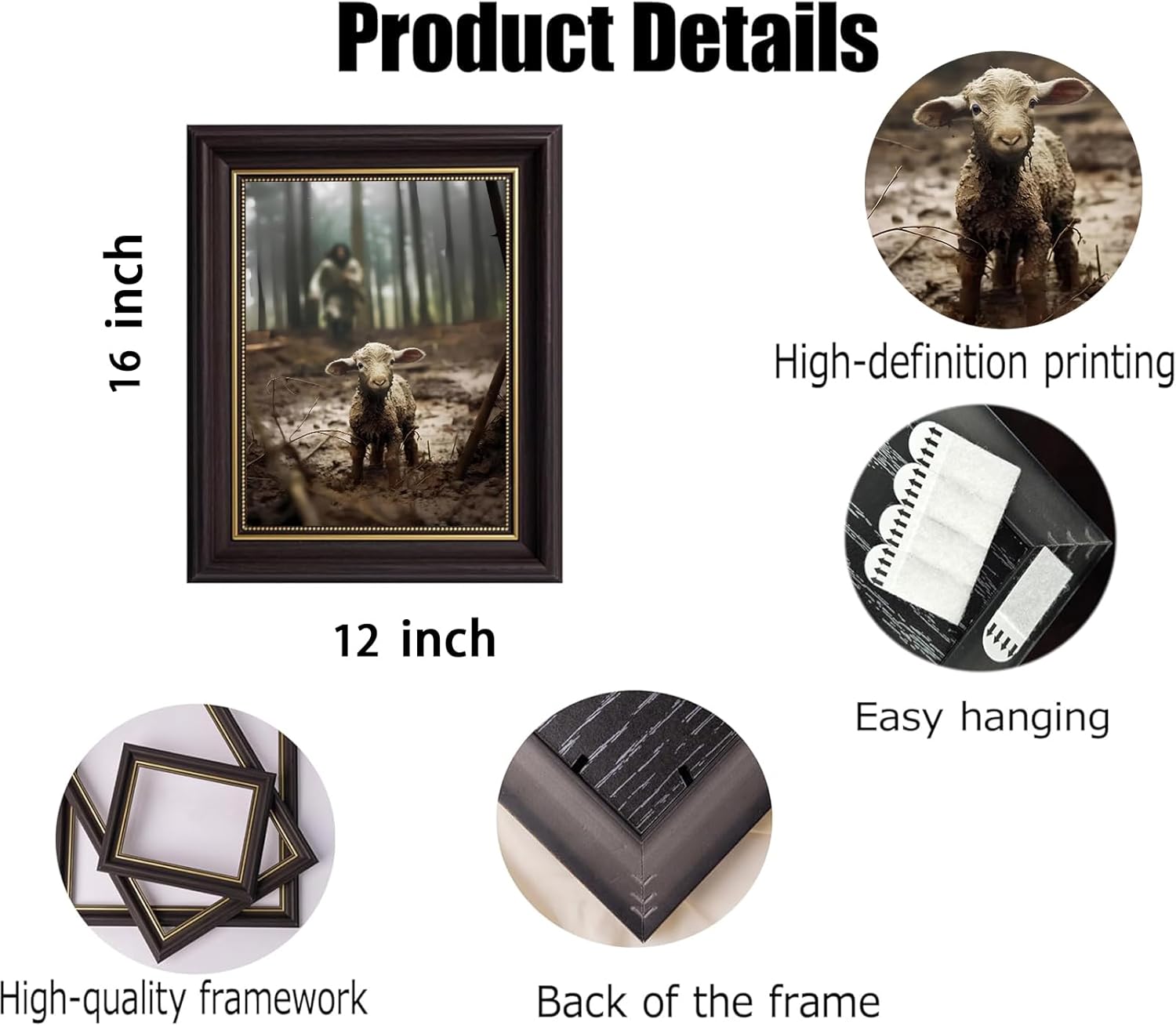 Dark Brown Frame Full Wall Art Jesus Running After Lost Lamb Modern Bible Print Religious Faith Artwork Decor Christian Wall Art Jesus Framed Canvas for Bedroom Living Room and Church Decor 12x16 inch