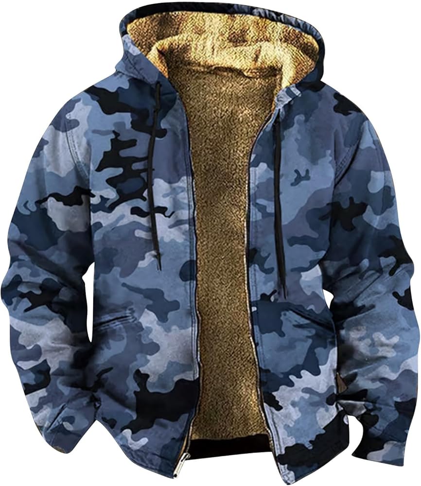 XDFVC Mens Fleece Jacket Camo Winter Coat Zip Up Hooded Jacket
