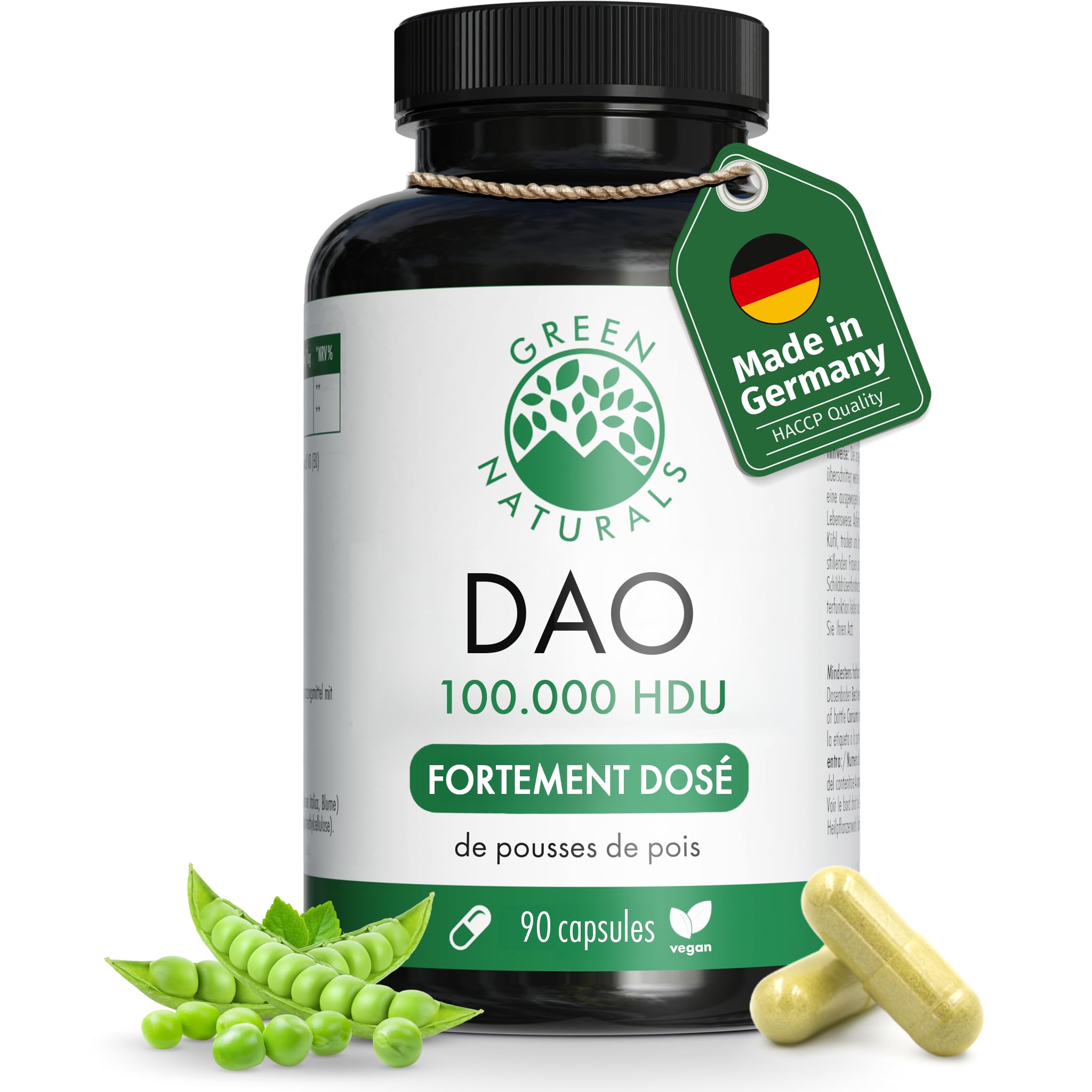 Green Naturals® DAO Vegan – Haute dose 300 000 HDU par dose journalière – Gélules gastro-résistantes – Enzyme DAO végétale issue de protéines de pois – Avec 100 mg de pousses de pois – 90 gélules | 100 000 HDU par capsule · Diaminoxase à partir de pousses