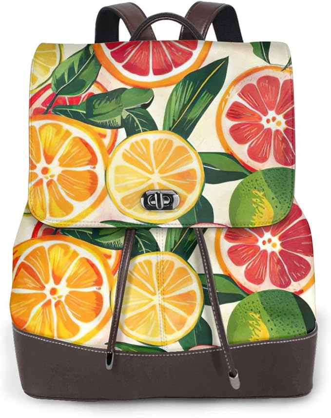 WURTON Sac à dos élégant pour femme avec motif agrumes - Sac à dos chic en cuir - Sac à dos de voyage en bandoulière, noir, One Size