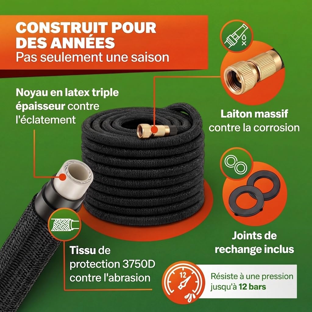 GARDEBRUK® Tuyau d’Arrosage Extensible 30 m Noir– Pistolet Multijets 8 Modes, Raccords Laiton Anti-Fuite, Flexible Latex Triple Épaisseur, Résistant 12 Bars, Enrouleur Léger pour Jardin & Terrasse