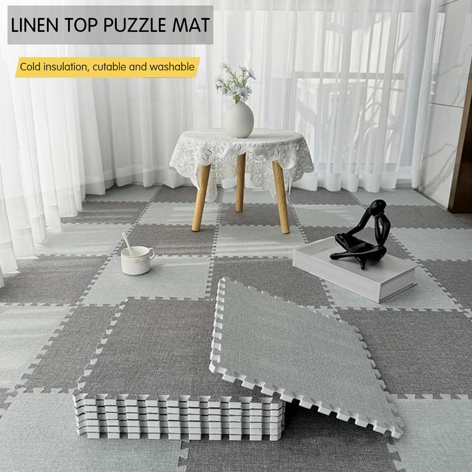 Palymaty 10 sztuk Puzzle kwadraty dywanowe, blokujące płytki dywanowe tkanina lniana górna, piankowe płytki podłogowe, maty do zabawy w puzzle na podłogę, 12x12 cali(Green+purple)