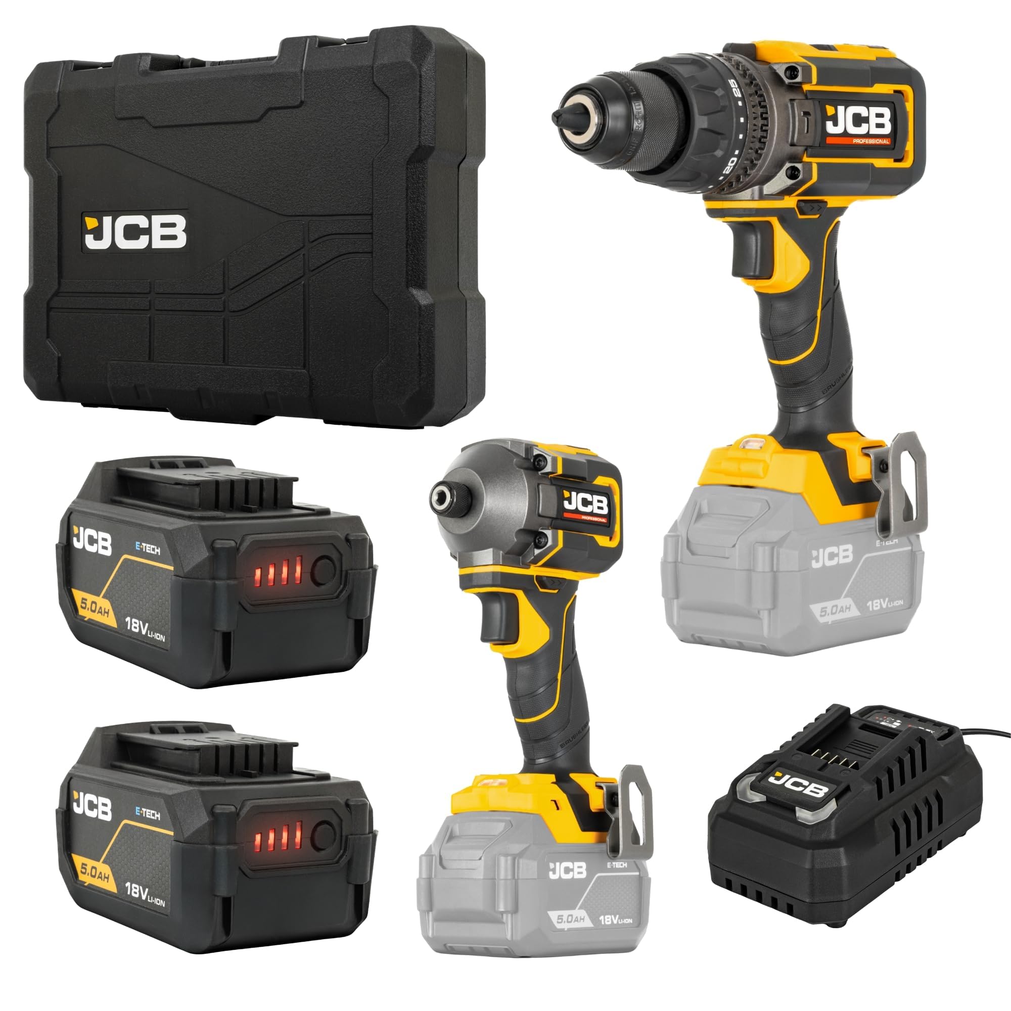 JCB Pro Cordless Combi Drill & Impact Driver 2 5Ah Batteries Charger & Case