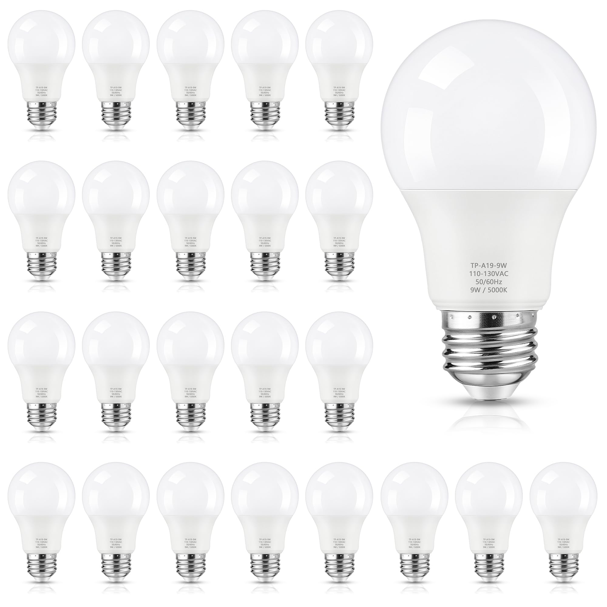 24-Pack A19 LED Light Bulbs 60W Equivalent Daylight White 5000K E26 Base 850 Lumen Non-Dimmable 9W Bright White