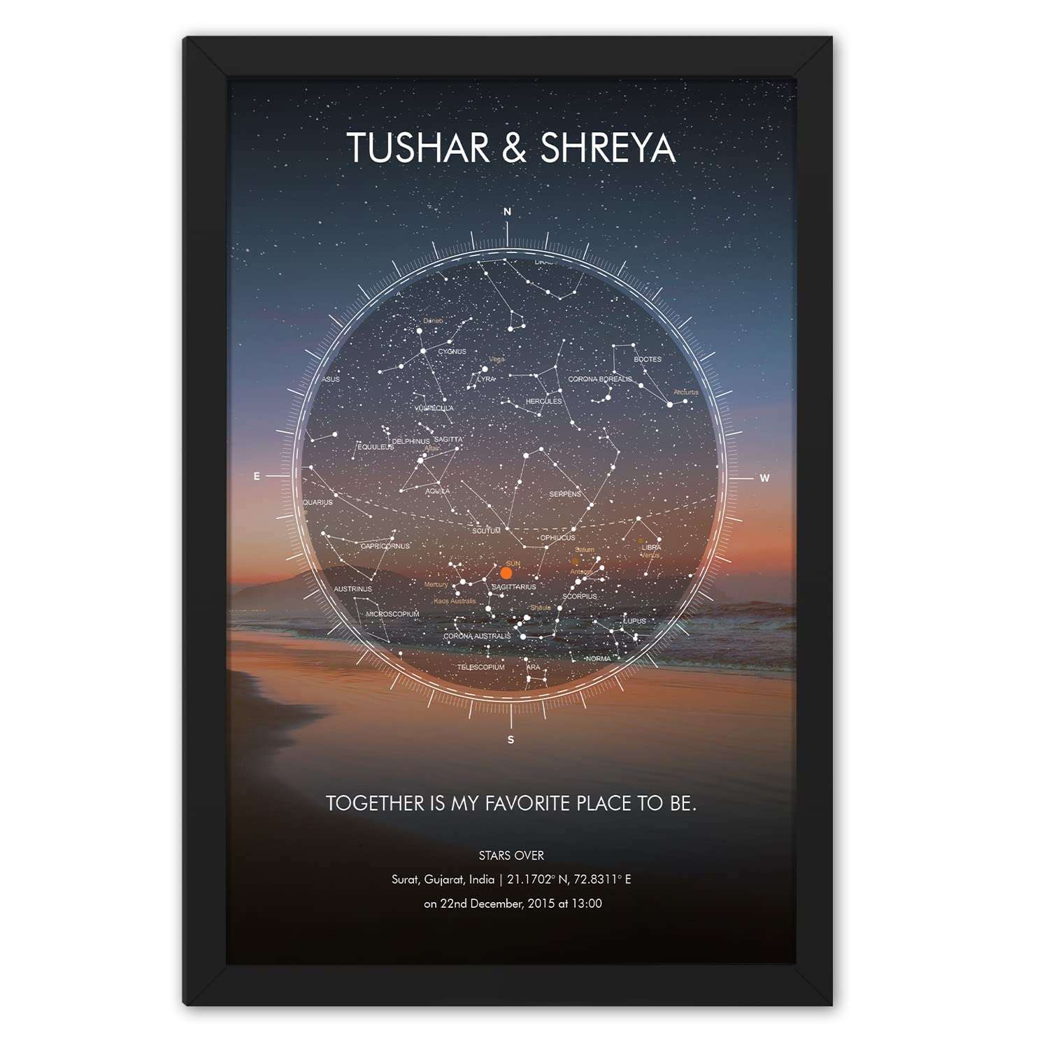 Ritwika's Personalised Constellations & Starmap Beach Backdrop With Synthetic Black Framed With Name, Message And Date, Size 9.5 X 13.5 IN, With Glass, Set of 1 (Multicolor)