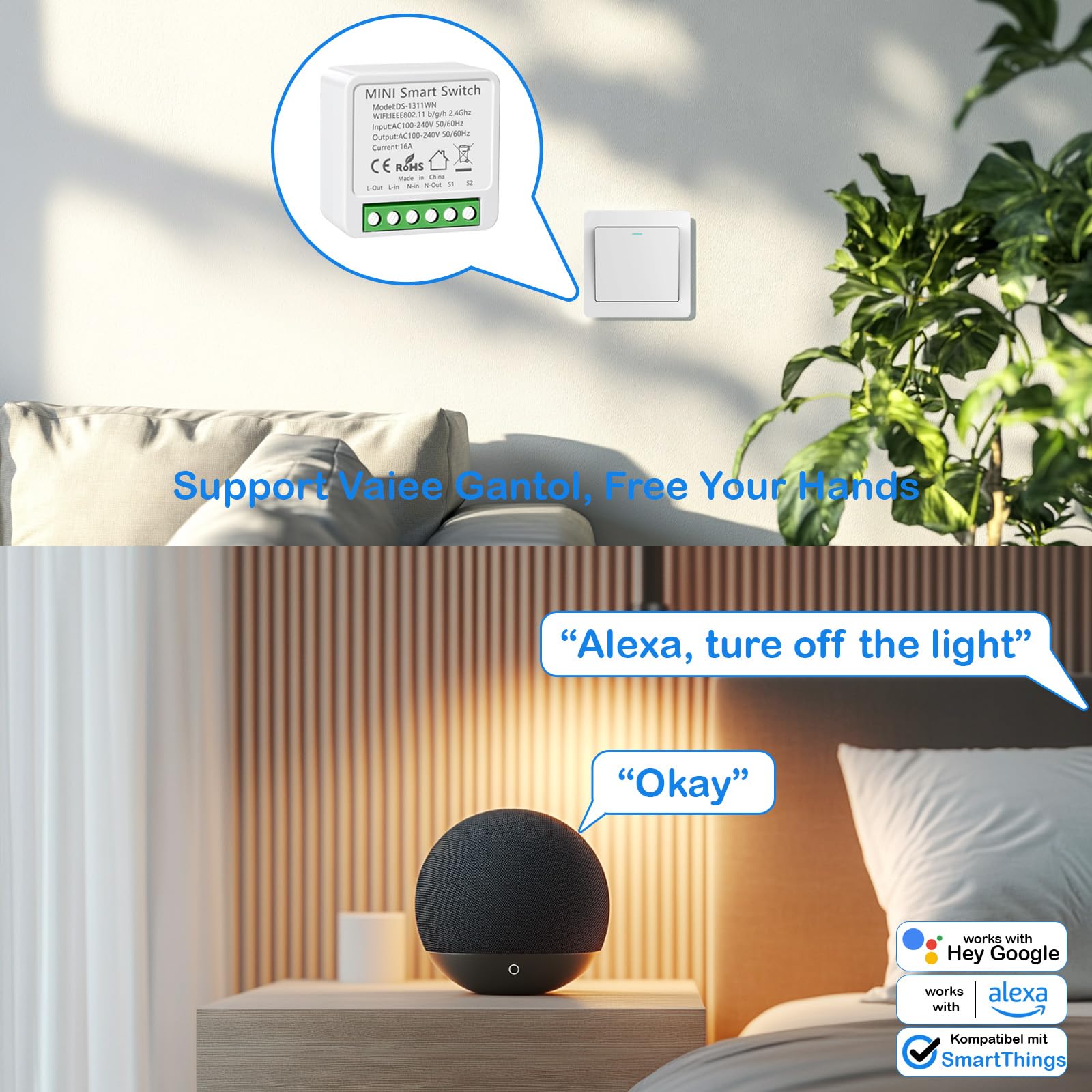 Interruptor WIFI, Interruptor Inteligente WIFI, Mini Smart Switch WIFI Compatible con Alexa,Tuya y Smart Life, Max 16A, 2.4GHz Interruptor Alexa
