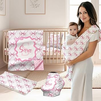 Custom Name Baby Crib Bedding Sets for Baby Girls, 3 Piece Personalized Pink Bow Baby Girl Crib Set, Minky Dot Blanket, Fitted Sheet, Baby Changing Pad Cover, Nursery Bedding Set for Infant Toddler