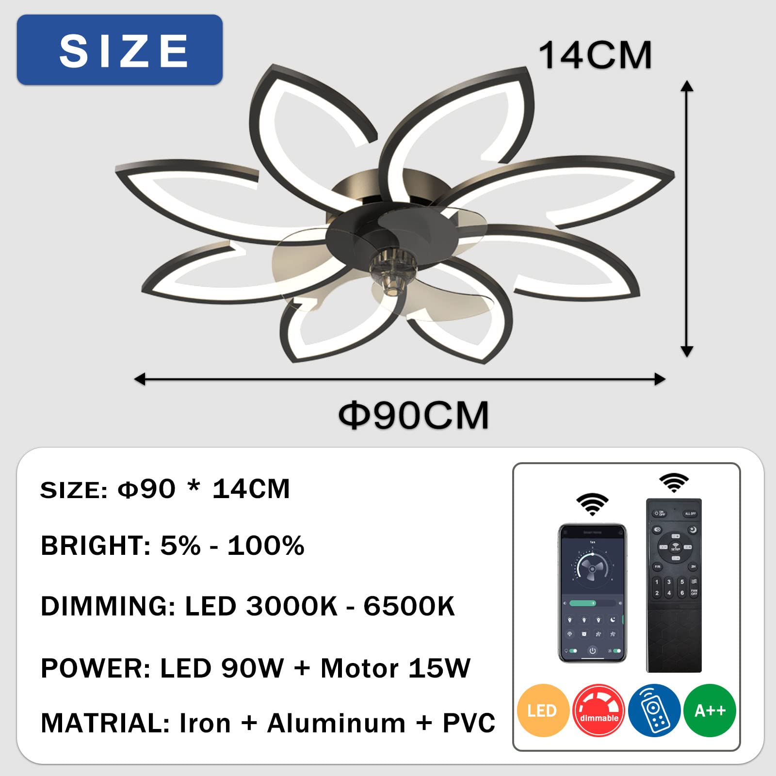YUNZI LED Deckenventilator mit Beleuchtung und Fernbedienung, 66W Dimmbar Deckenventilatorleuchten, Modern Deckenlampe zum Wohnzimmer Schlafzimmer Sekretariat, Lüfter rückwärts (Schwarz, 90CM)
