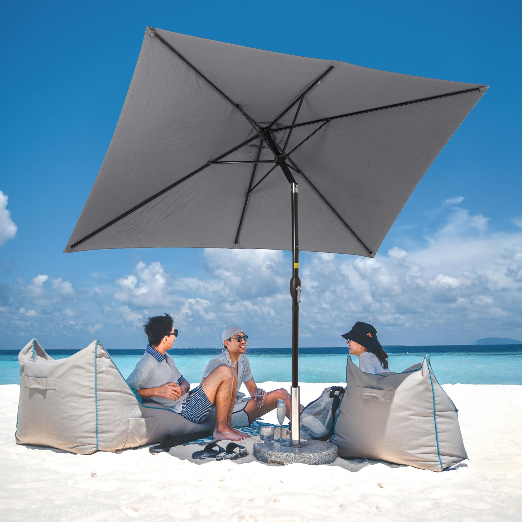 SUNVIVI OUTDOOR Sombrilla rectangular de 6.5 x 10 pies, poste de aluminio, sombrilla de mercado para mesa al aire libre con manivela, 6 varillas de acero, toldo de poliéster, color gris