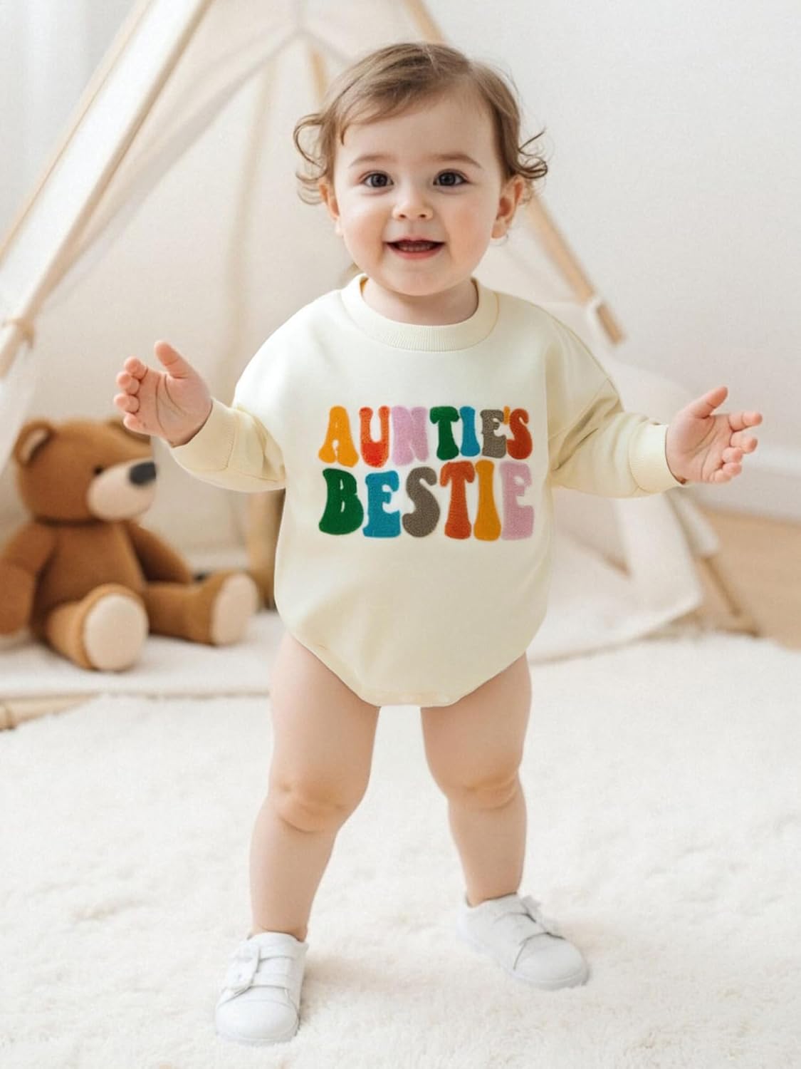 Aunties Besties Baby Boy Girl Outfit Embroidered Long Sleeve Bubble Romper Sweatshirt Unisex Newborn Fall Bodysuit - Image 3