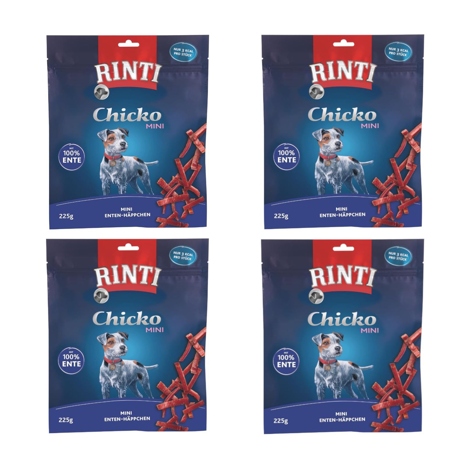 Rinti Chicko Mini kaczka | 4 sztuki w opakowaniu | 4 x 225 g | karma uzupełniająca dla małych dorosłych psów | lekkostrawna i dobrze trawiona | delikatne przekąski dla kaczek | bez soi