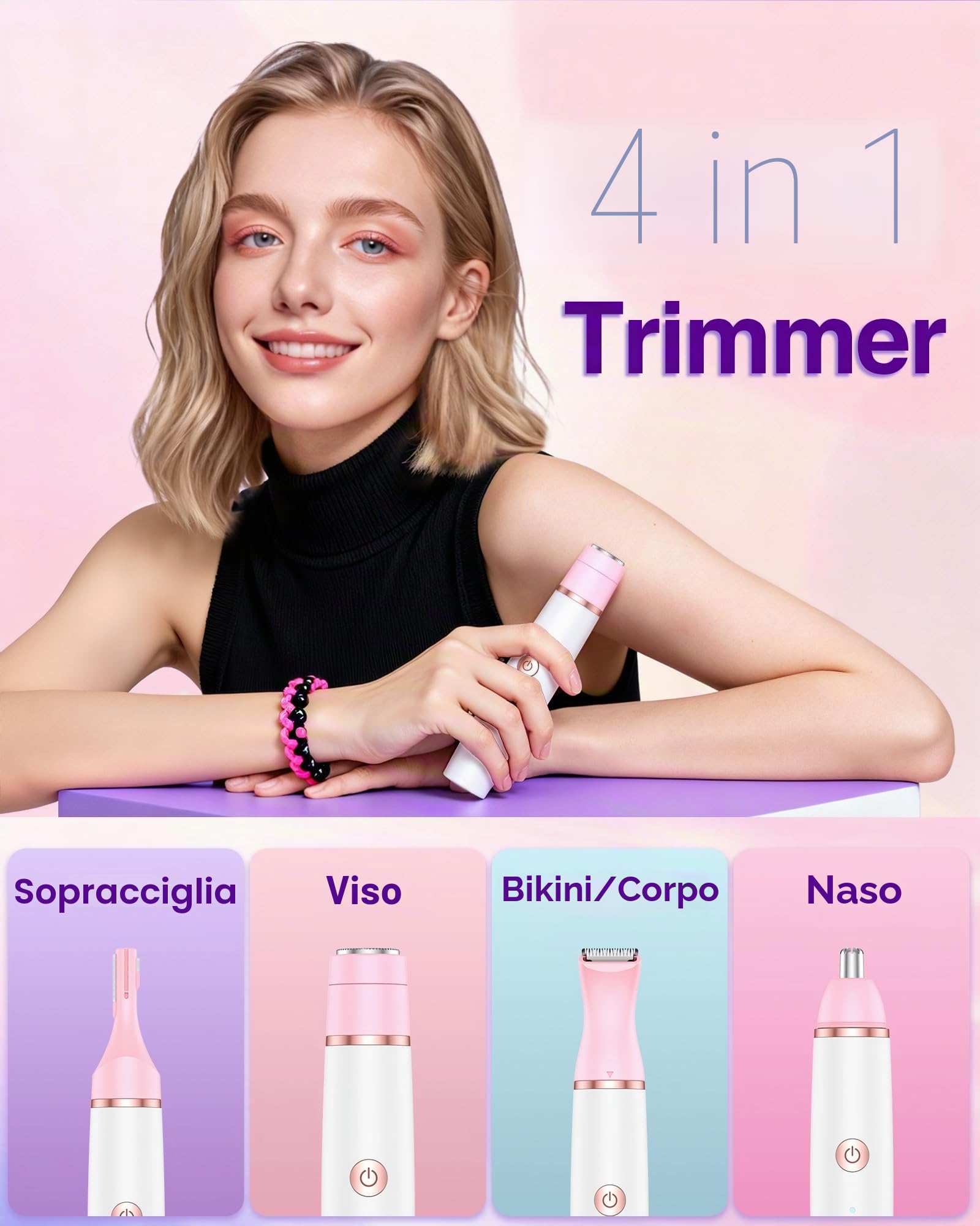 Rasoio Elettrico Donna Parti Intime: 4 in 1 Indolore Depilatore Corpo Donna per Viso, Corpo, Sopracciglia, Gambe e Ascelle, Uso Bagnato e Asciutto, Senza Filo, USB-C Ricaricabile con Borsa, Regalo