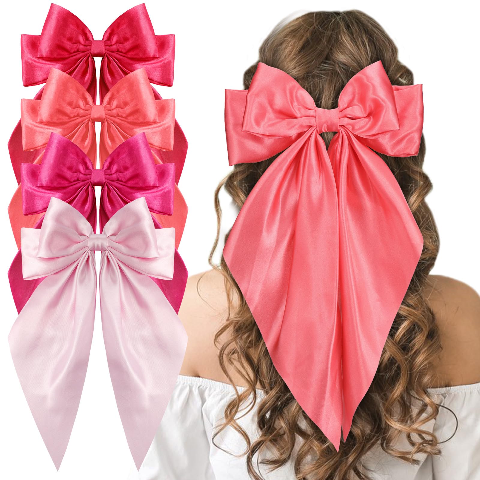 Large Pink Oversized Hair Bows, 4 Pack Satin Ribbons and Long Tail Barrettes - Cute Hair Accessories for Women and Girls