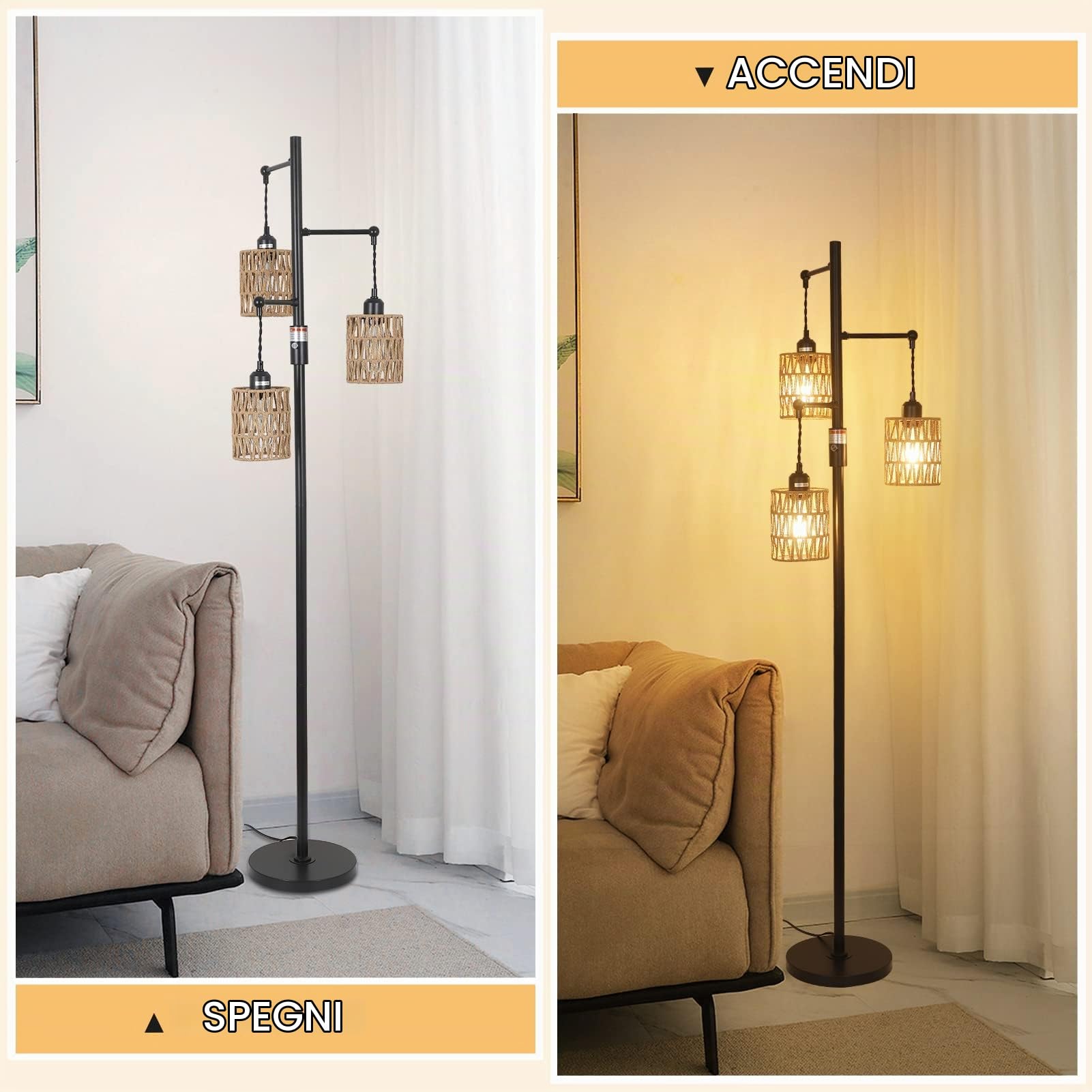 Rayofly Lampada da terra dimmerabile con paralume in rattan, lampada da terra vintage a 3 luci con dimmer, lampada da terra industriale per soggiorno, camera da letto, cameretta dei bambini, 165cm