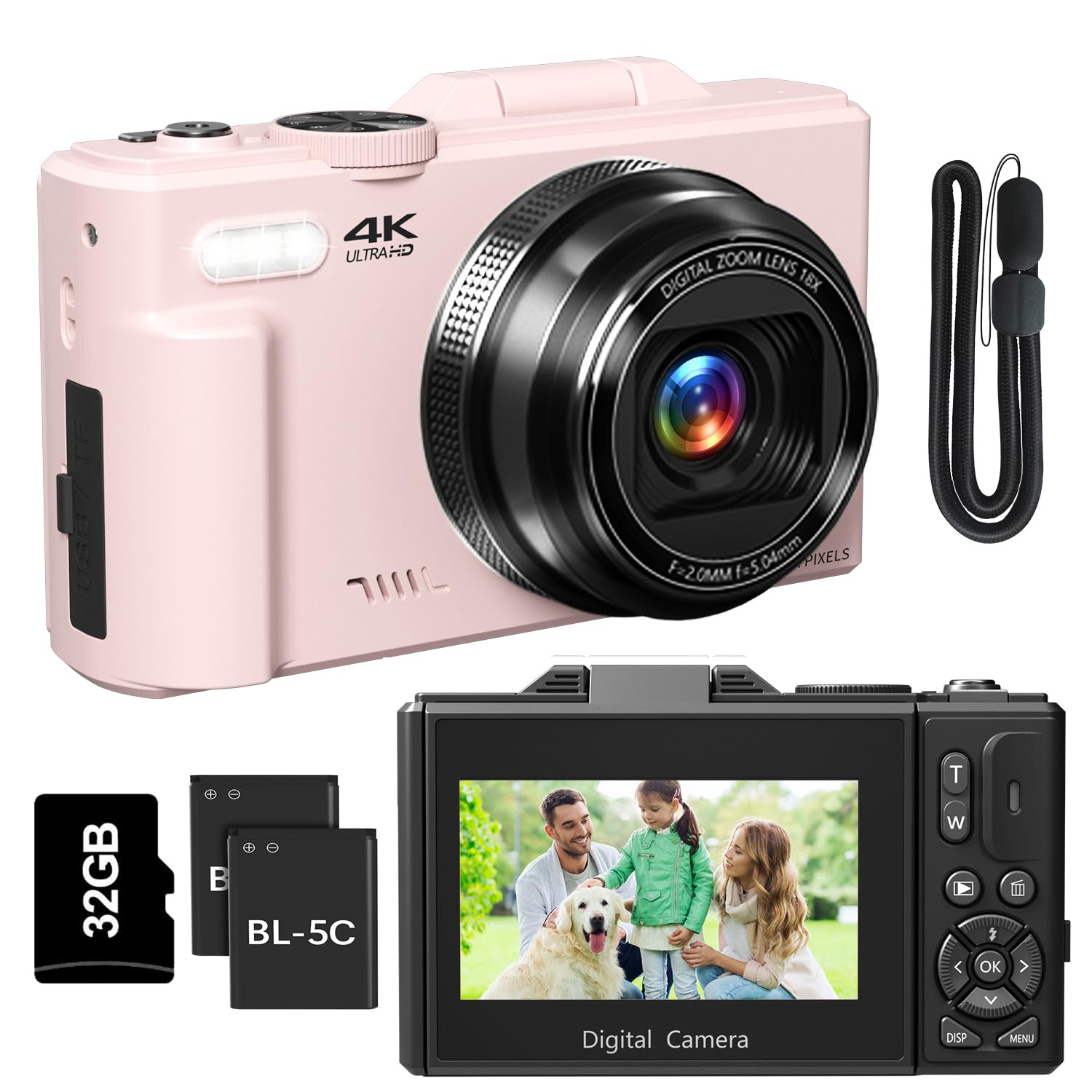 4K Digital Camera Bundle, 64MP Vlogging Cameras with WiFi, 3" Flip Screen, 18X Zoom, Includes Pink & Black Cameras, 2 Batteries & 32GB SD Card