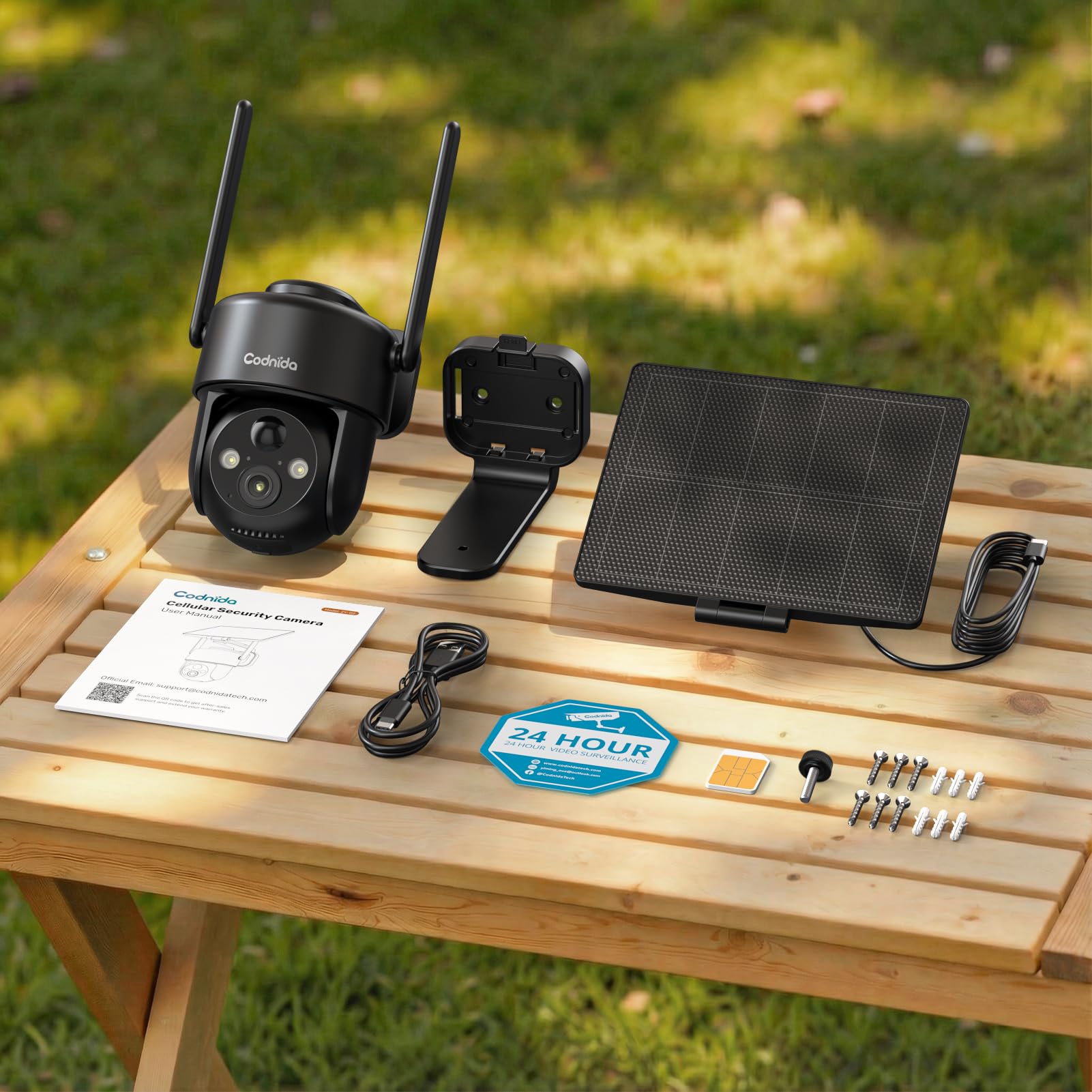 Codnida 4G LTE Cámara Vigilancia con Placa Solar, 2K Cámara Exterior Solar con Tarjeta Sim, 355° PTZ Camera sin Cable, Detección de Movimiento PIR, Audio Bidireccional, Visión Nocturna en Color, IP66