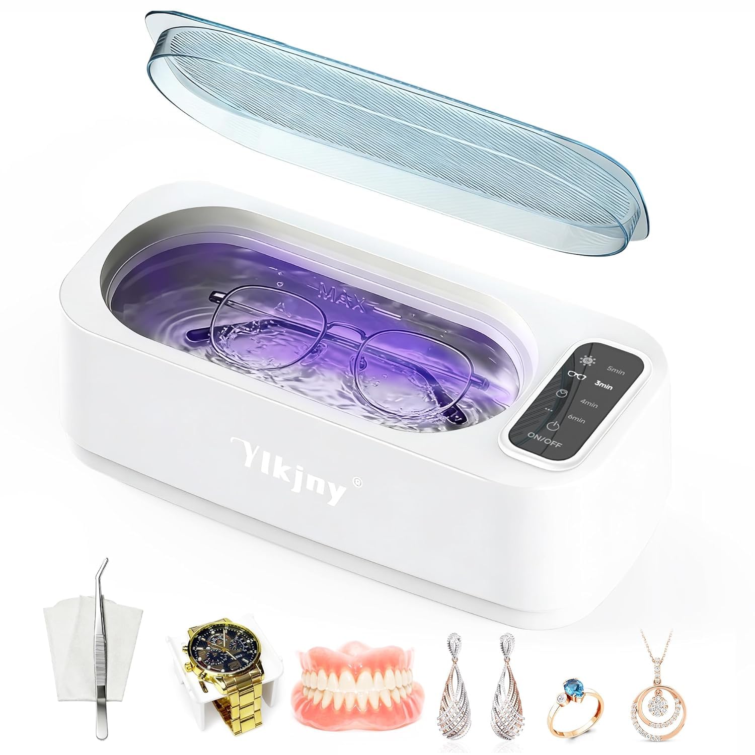 Limpiador ultrasónico de 50 kHz, y esterilizador UV, limpieza profunda de gafas joyas relojes plata aparato dental bandeja de ultrasonido 400 ml con pantalla LED, paño y pinza incluido marca SIMPLYKO