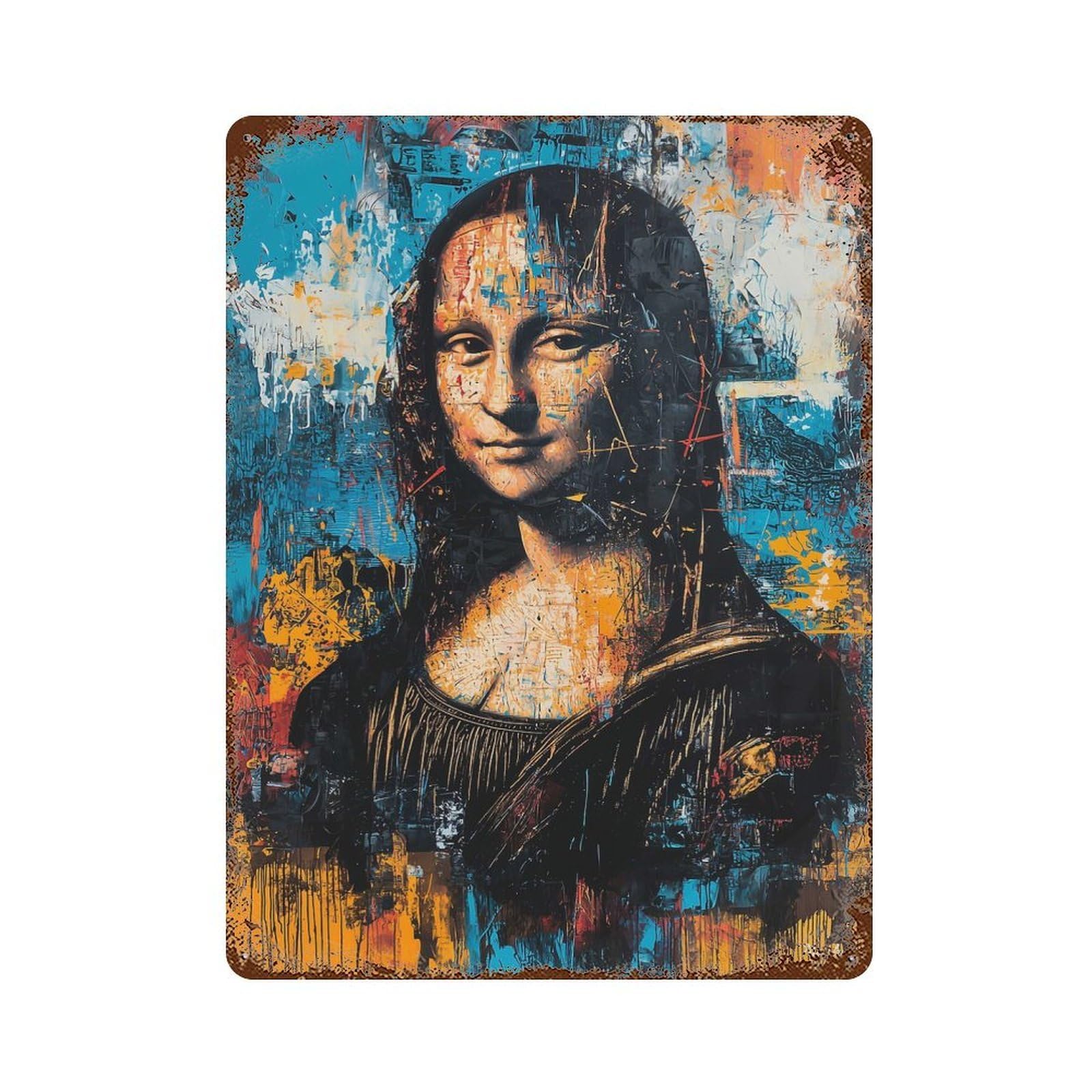 Expressionist Mona Lisa 15.7"x11.8" Distressed Metal Wall Sign, Industrial Home Decor for Patio, Garden Room And Bar Decor