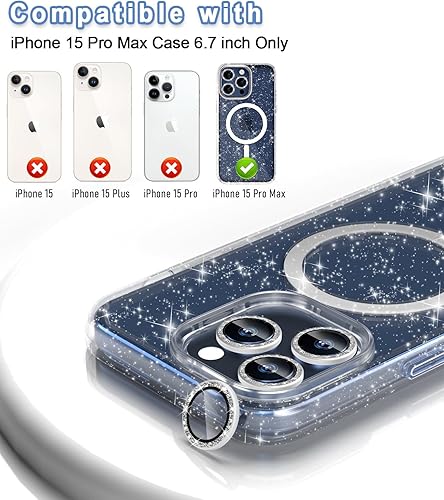 Miniatura 10 de Funda magnética brillante para iPhone 15 Pro Max compatible con MagSafe, 2 protectores de pantalla y 2 protectores de lente de cámara de diamante,