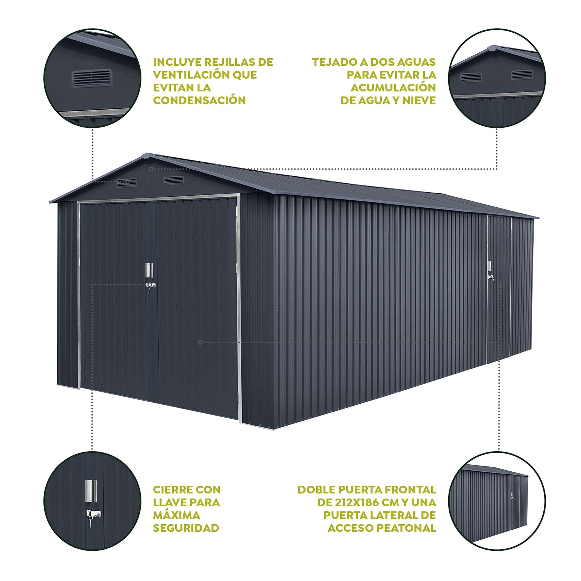 Garaje Metalico Tonsberg 18m2 – 602x300x232cm – Resguardo Exterior para Coche - Cierre de Seguridad con Llave - 4 Rejillas Anticondensación - Puerta Amplia - Cochera Cobertizo Jardín Almacenaje