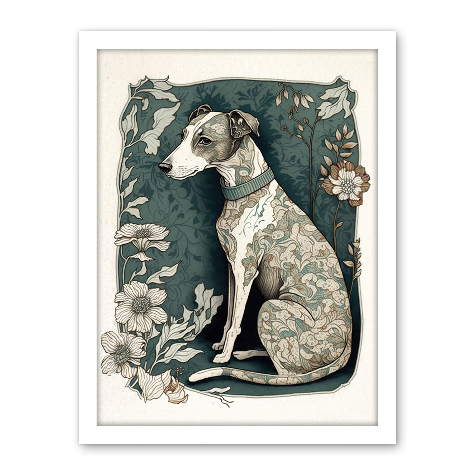 Artery8 Whippet Dog with Floral Pattern Fur Coat Art Nouveau Inspired Watercolour Illustration Artwork Framed Wall Art Print 18X24 Inch