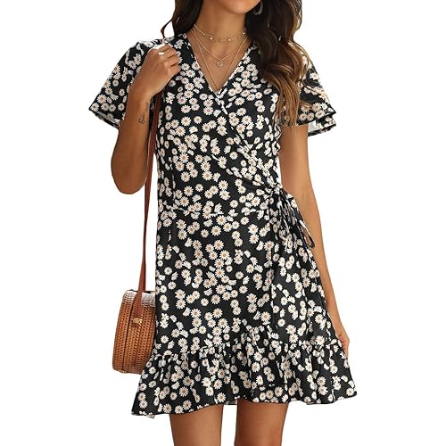 Naggoo Women's Summer Wrap V Neck Polka Dot Print Ruffle Short Sleeve Mini Floral Dress with Belt